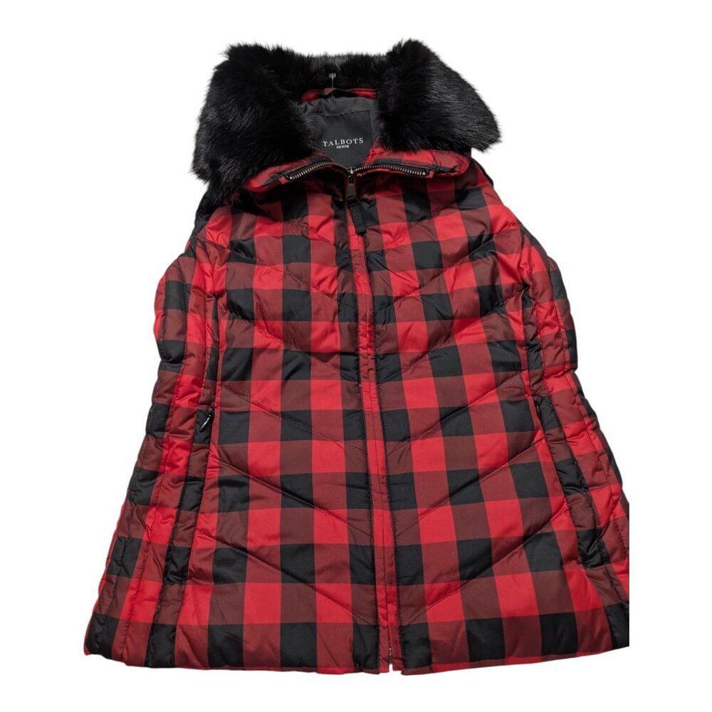 Talbots Red Black Petite Puffer Vest with Removable Faux remove collar pocket